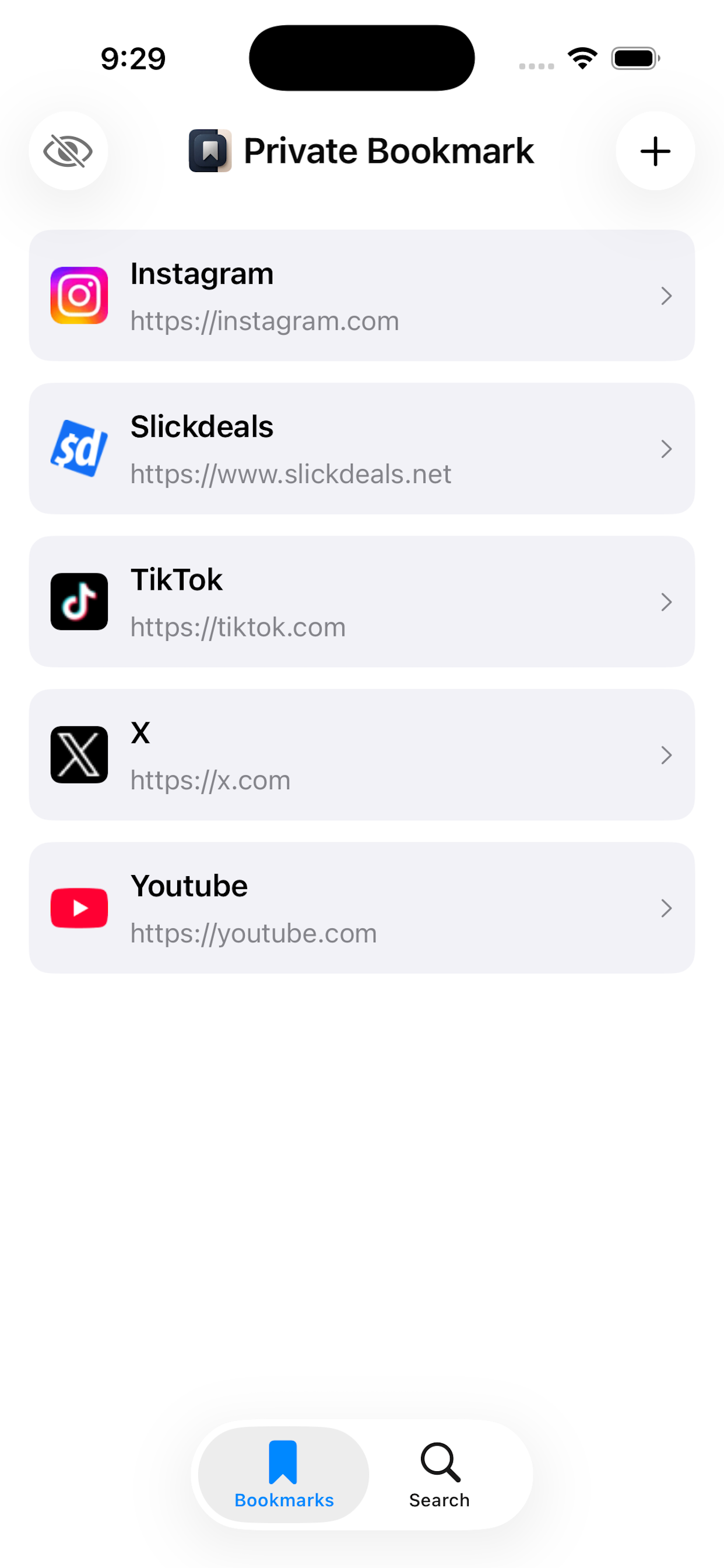 Private Bookmark app showing a list of saved bookmarks